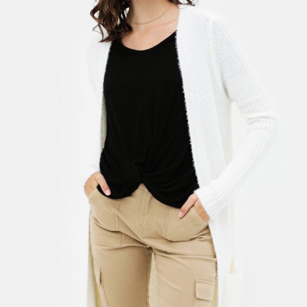 Fuzzy Cardigan Sweater Knitted Slim Fit Open Front Long Sleeve White Warm & Cozy - Picture 3 of 13